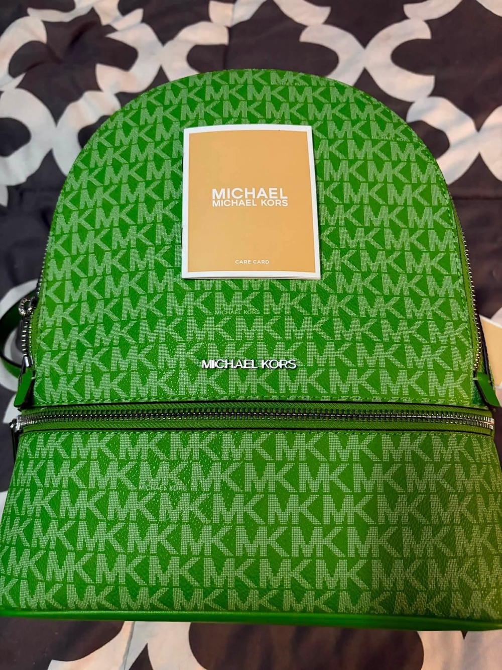 Michael Kors Green MK Monogram Backpack with Silver Accents